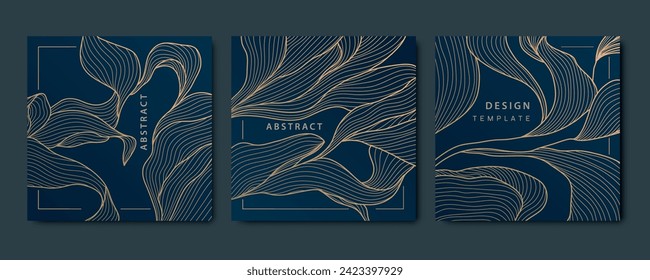 Vector set of gold design floral patterns, leaf modern ornament, vintage elegant flowers, nature royal package. Wave line graphic art cards.