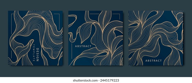 Conjunto de Vector de diseños florales de oro, adorno moderno de hojas, flores elegantes vintage, paquete real de la naturaleza. Ondear tarjetas gráficas de líneas.