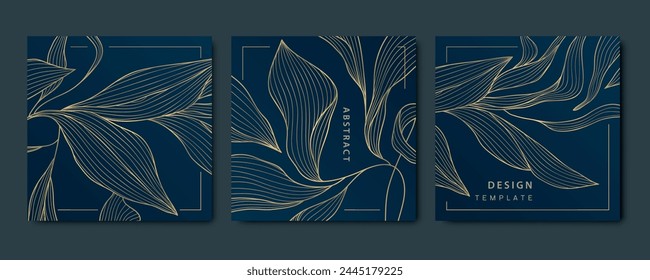 Vector set of gold design floral patterns, leaf modern ornament, vintage elegant flowers, nature royal package. Wave line graphic art cards.