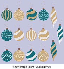 Vector set of gold, emerald, white flat christmas balls isolated on blue background.
