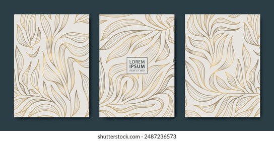 Vector set of gold floral cards, leaves vintage luxury patterns. Greeting elegant invitations, plant nature line illustrations