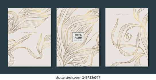 Vector set of gold floral cards, leaves vintage luxury patterns. Greeting elegant invitations, plant nature line illustrations