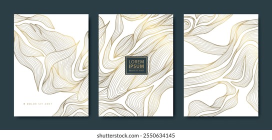 Conjunto de Vector de patrones de diseño floral de oro, línea ondulada hojas tarjetas de lujo, adorno de la vendimia de la belleza, fondos. Elegantes Plantillas reales