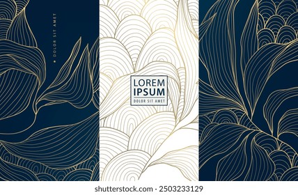 Vector set of gold floral labels, leaf abstract wine package, jewelry, beauty design box. Luxury royal ornament