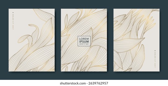 Vector set of gold floral leaf line backgrounds, elegant nature luxury grass, flower japanese posters. Art deco premium nature frames, package templates