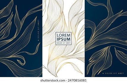 Vector set of gold floral patterns, line luxury frames, wedding background. Wine labels, ornaments, wave cards. Fancy royal design elements, vintage borders, elegant package