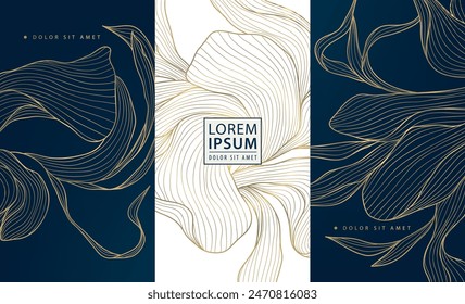 Vector set of gold floral patterns, line luxury frames, wedding background. Wine labels, ornaments, wave cards. Fancy royal design elements, vintage borders, elegant package