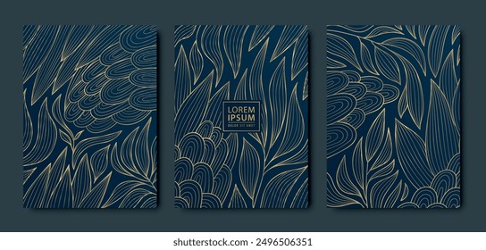 Vector set of gold flowers, leaves, berries background. Luxury dark pattern, elegant wedding invitations, spa frames. Birthday greeting, box, menu template.