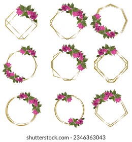 Vector set of gold frames of different shapes and pink bougainvillea. Frames on white background for holiday design.  svg