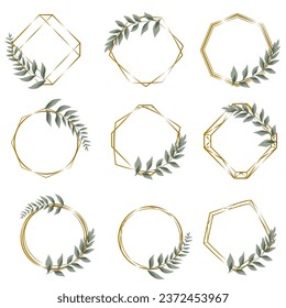 Vector set with gold frames and sprigs of green eucalyptus. Frames on white background for holiday design. 