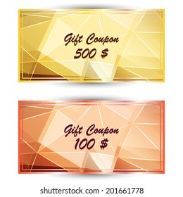 Vector set gold gift coupon, gift card with on polygonal background
