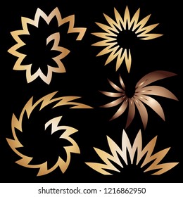 Vector set of gold gradient logotypes. Gold metallic plant logo on a separate black background. A metallic brush for logo. Gold gradient logotype with zigzag and spirals.