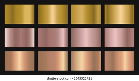 Vector set of gold gradient swatches. Gold metallic, rose gold,rose gold,bronze gradient template. gradient illustrations for backgrounds.