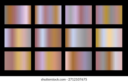 Vector set of gold gradient swatches. Gold metallic, rose gold,rose gold,bronze gradient template. Vector shiny hologram and metalic gradient collection for border, frame, ribbon, label design . 