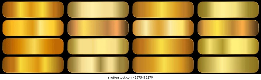 Vector set of gold gradients. Collection of golden squares. golden metal palette..