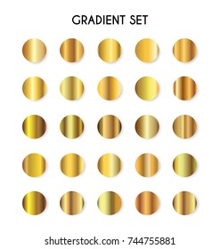 Vector set of gold gradients. Golden circles collection. Mega collection metallic and golden gradient illustration. Gold gradient background vector metallic for frame, ribbon, banner, coin and label.