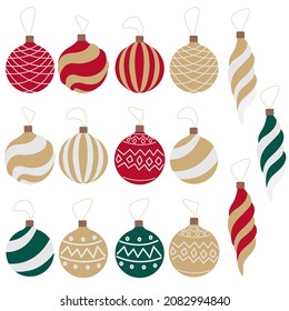 Vector set of gold, green, red flat christmas balls isolated on white background.
