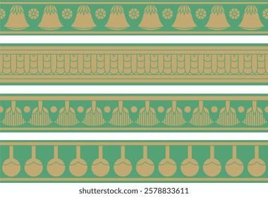 Vector set of gold and green seamless Egyptian borders. Endless Ornaments of Ancient Egypt. Geometric African frame.
