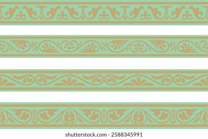 Vector set of gold and green seamless classic byzantine ornament. Endless border, Ancient Greece, Eastern Roman Empire frame. Decoration of the Russian Orthodox Church
