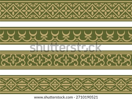 Vector set of gold and green seamless classic renaissance ornament. Endless european border, revival style frame
