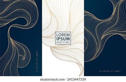 Vector set of gold japanese backgrounds, line wave textures, elegant luxury design elements. Use for wine label, soap, perfume, invitation, banner and box