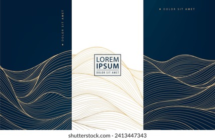 Conjunto de vectores de fondo japonés dorado, texturas de ondas de línea, elegantes elementos de diseño de lujo. Uso para etiquetas de vinos, jabón, perfume, invitación, pancarta y caja