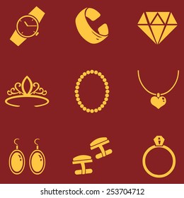 Vector Set of Gold Jewellery Icons on Red Background