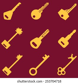 Vector Set of Gold Keys Icons  on Red Background. Modern and Antique Keys. Types of Keys