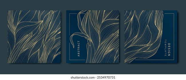 Conjunto vetorial de fundos florais de folha de ouro. Linha de luxo planta natureza ornamento, vintage ornamento folhagem. Ilustração de ramificação Premium