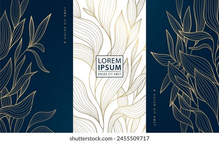 Vector set of gold leaves design tags, luxury plant labels, abstract floral textures. Nature cards, tropical illustrations, perfume, wine, jewelry graphic
