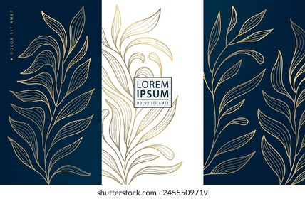 Vector set of gold leaves design tags, luxury plant labels, abstract floral textures. Nature cards, tropical illustrations, perfume, wine, jewelry graphic