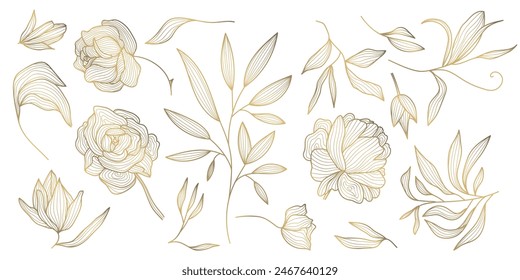 Vector set of gold leaves and flowers isolated, plant branch line illustration, luxury foliage decoration. Vintage ornament elements, peonies, summer background