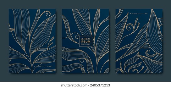 Vector set of gold leaves textures, abstract art deco floral patterns. elegant foliage covers, line japanese style drawing. Use for wine, spa, menu, perfume design