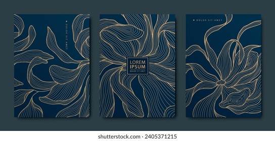 Vector set of gold leaves textures, abstract art deco floral patterns. elegant foliage covers, line japanese style drawing. Use for wine, spa, menu, perfume design