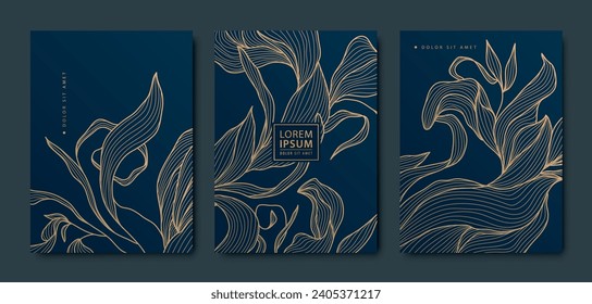 Vector set of gold leaves textures, abstract art deco floral patterns. elegant foliage covers, line japanese style drawing. Use for wine, spa, menu, perfume design