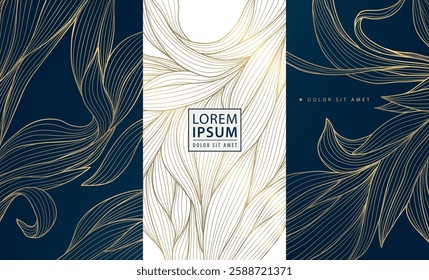 Vector set of gold line floral patterns, luxury elegant nature design, leaf modern flower backgrounds. Royal package, wine, cosmetic vip product, art deco elements