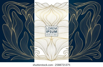 Vector set of gold line floral patterns, luxury elegant nature design, leaf modern flower backgrounds. Royal package, wine, cosmetic vip product, art deco elements