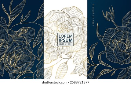 Vector set of gold line floral patterns, luxury elegant nature design, leaf modern flower backgrounds. Royal package, wine, cosmetic vip product, art deco elements