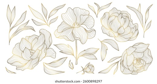 Vector set of gold line japanese, chinese flowers illustrations. Peonies vintage elegant art, wedding ornament, asian botanical graphic