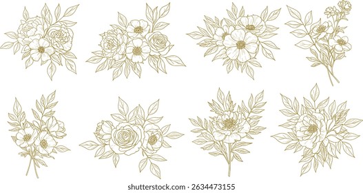 Vector set of gold line japanese, chinese flowers illustrations. 