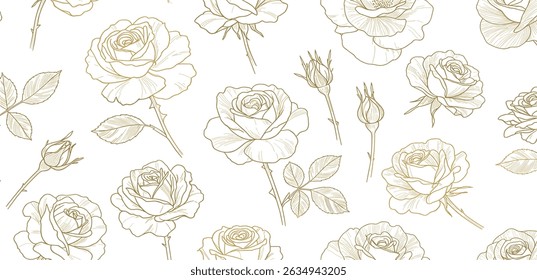 Vector set of gold line japanese, chinese flowers illustrations. Roses vintage elegant art, wedding ornament, asian botanical graphic