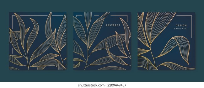 Vector set of gold line leaf cards, square luxury design patterns, borders, frames. Use for package, social net post, invitations, banners, flyers, labels.