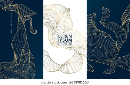 Vector set of gold line leaves, floral luxury royal design, wedding frames, perfume, wine labels. Vintage nature jewelry, soap, beauty product package