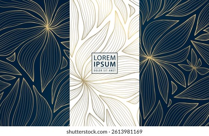 Vector set of gold line leaves, floral luxury royal design, wedding frames, perfume, wine labels. Vintage nature jewelry, soap, beauty product package