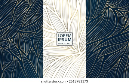 Vector set of gold line leaves, floral luxury royal design, wedding frames, perfume, wine labels. Vintage nature jewelry, soap, beauty product package