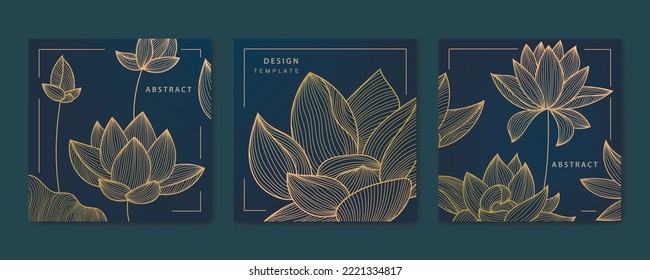 Conjunto vectorial de loto de línea dorada, tarjetas de flores, patrones cuadrados de diseño de lujo, bordes, marcos. Utilícelo para paquetes, publicaciones en la red social, invitaciones, banners, volantes, etiquetas.