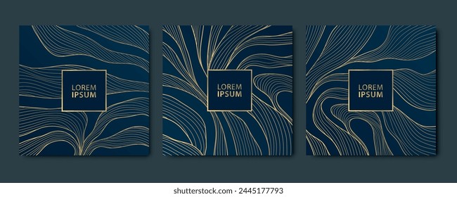 Vector set of gold line ribbons pattern, line organic shapes illustrations. Art deco geometric texture, wave curve templates. Elegant banners, cards, wallpapers. 