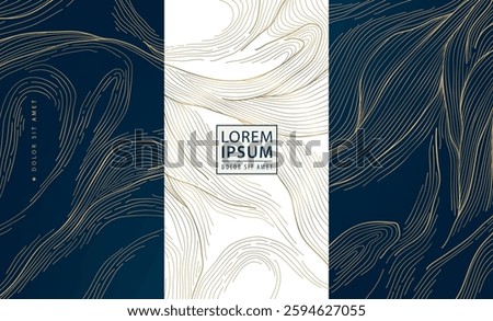 Vector set of gold line texture wave labels, japanese elegant package. Nature template brochures, liquid premium illustrations.