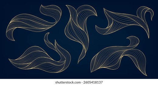 Vector set of gold line wave shapes, curve flow, cloud illustrations isolated. Leaves, swirl premium elements. Elegant patterns for design