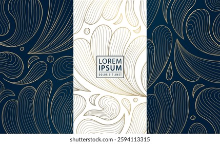 Vector set of gold luxury art deco backgrounds, nature fancy ornate pattern. Leaf floral wine, spa, beauty products, perfume, tea design. Vintage box elegant template
